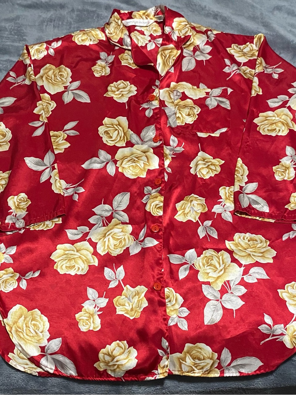 Victoria's Secret Red Satin Button-Up Shirt with Yellow Rose Print